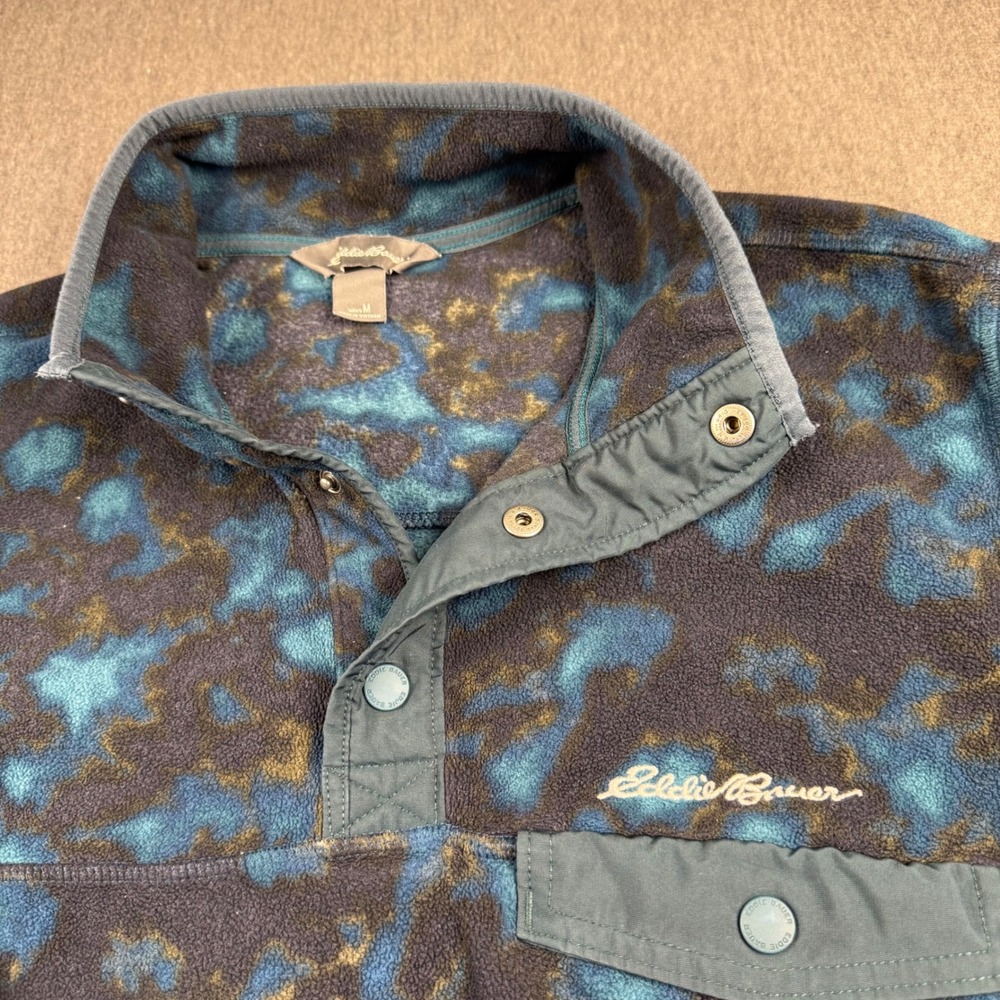 Eddie Bauer Mens Fleece‎ Pullover Snap Mock Neck Blue Green Abstract Print M